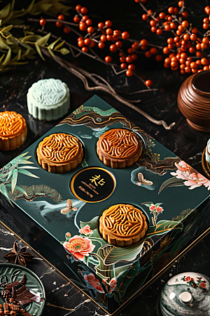 中秋月饼礼盒甜点精致摄影图