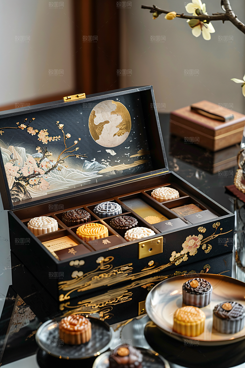 中秋月饼礼盒莲蓉月饼习俗摄影图