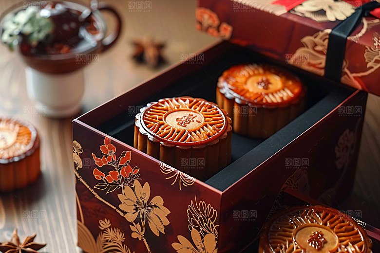 中秋月饼礼盒传统美食礼品摄影图