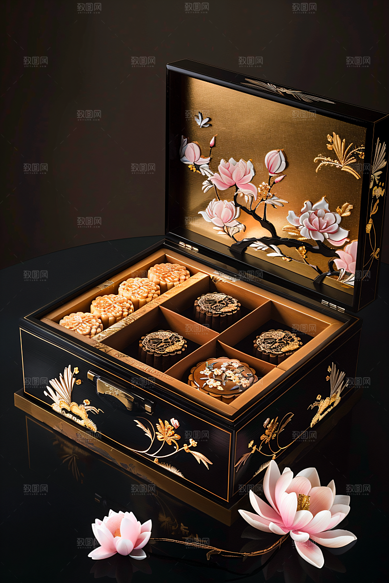 中秋月饼礼盒习俗美食摄影图