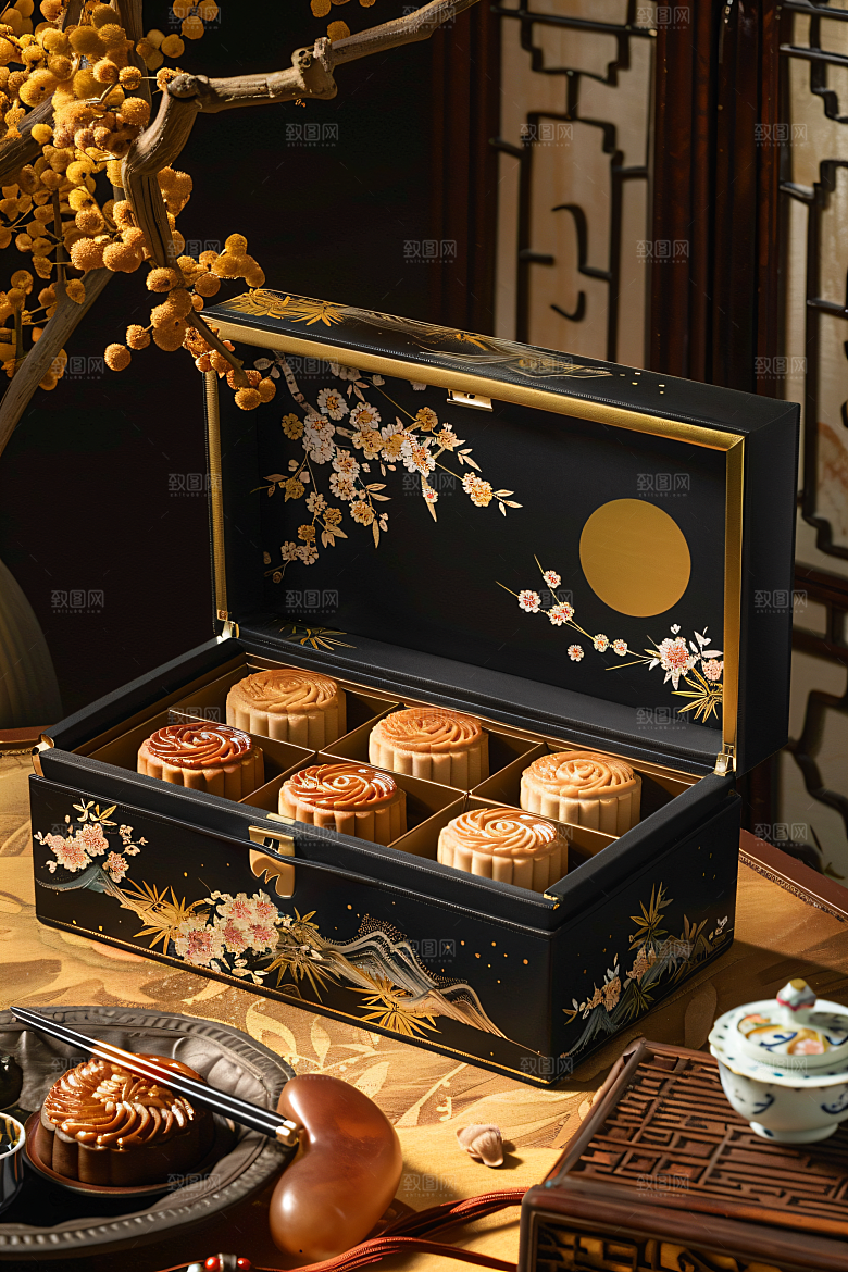 中秋月饼礼盒美食糕点摄影图