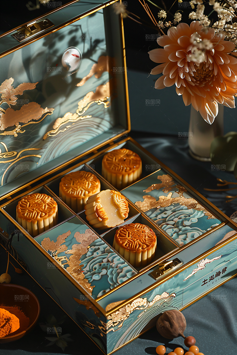 中秋月饼礼盒传统美食礼品摄影图