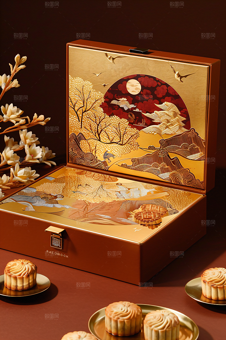 中秋月饼礼盒习俗精致摄影图