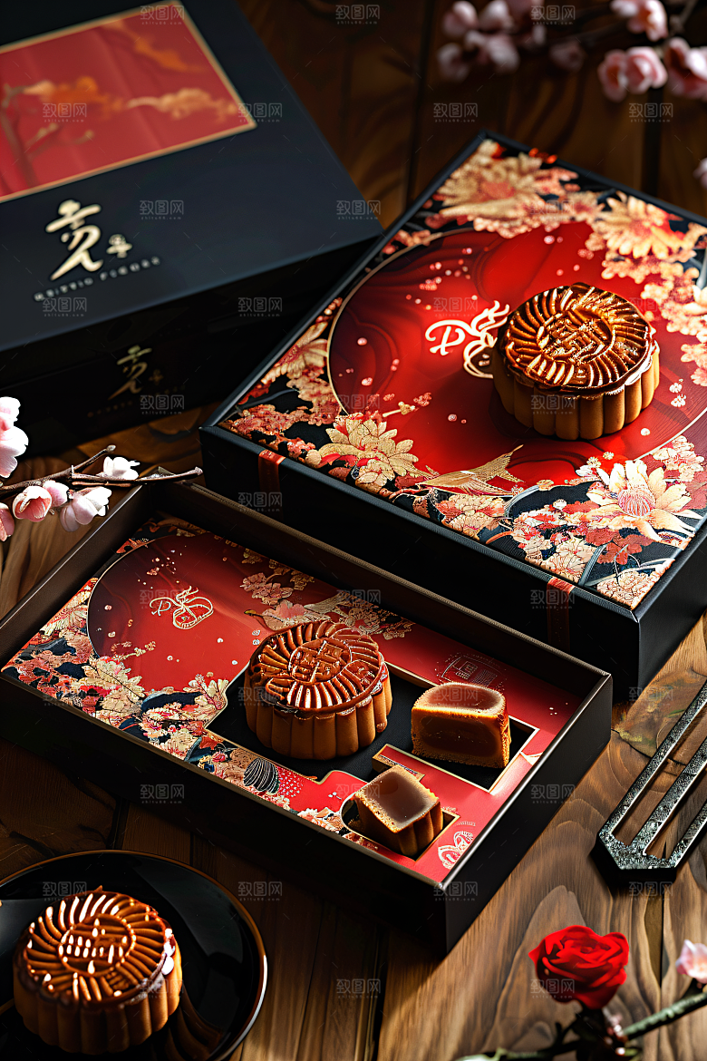 中秋月饼礼盒精致莲蓉月饼摄影图