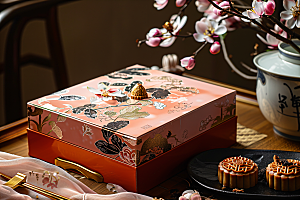 中秋月饼礼盒习俗甜点摄影图