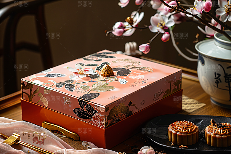 中秋月饼礼盒习俗甜点摄影图