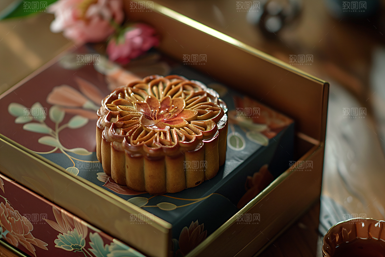 中秋月饼礼盒美食莲蓉月饼摄影图
