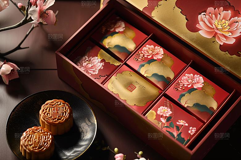 中秋月饼礼盒糕点美味摄影图