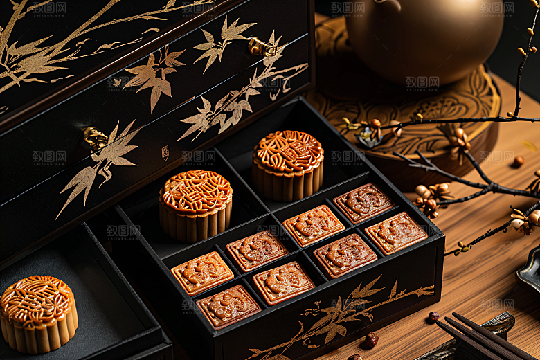 中秋月饼礼盒习俗甜点摄影图