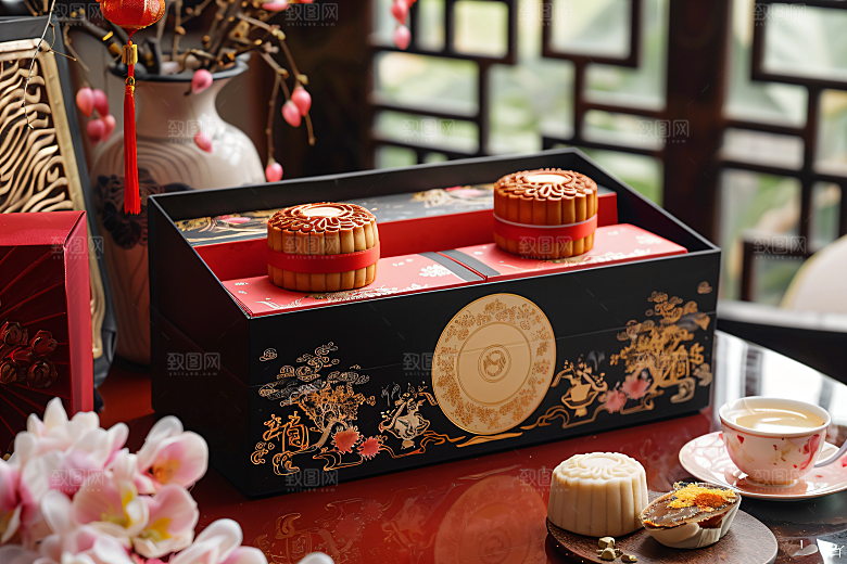中秋月饼礼盒礼品精致摄影图