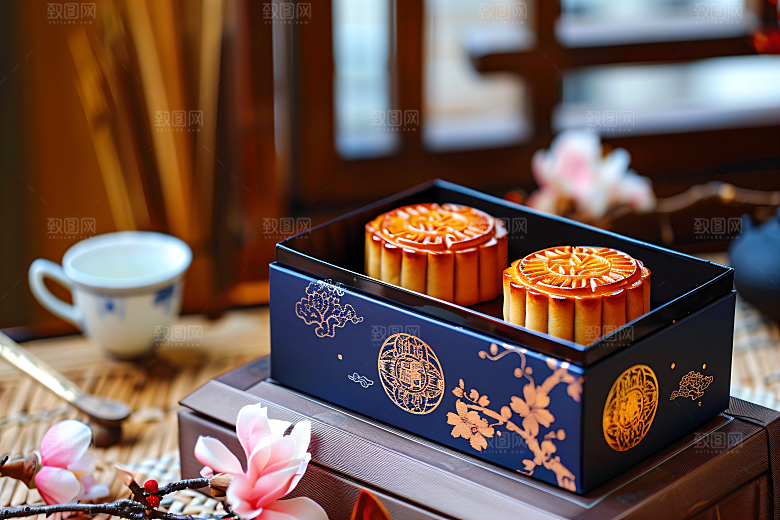 中秋月饼礼盒美食糕点摄影图