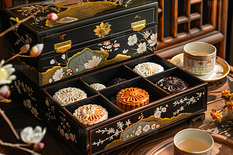中秋月饼礼盒糕点美食摄影图