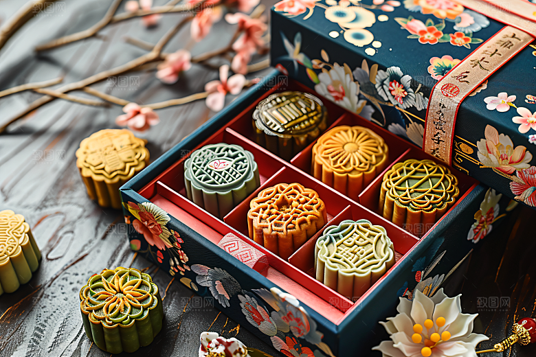 中秋月饼礼盒中秋节甜点摄影图