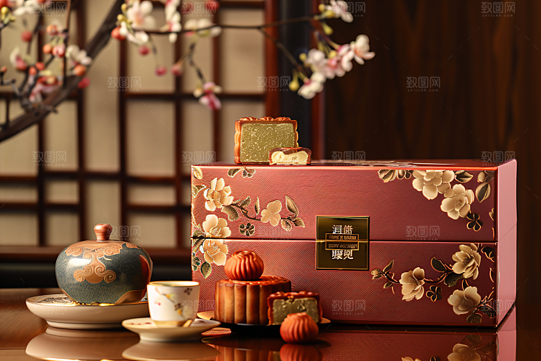 中秋月饼礼盒传统节日甜点摄影图