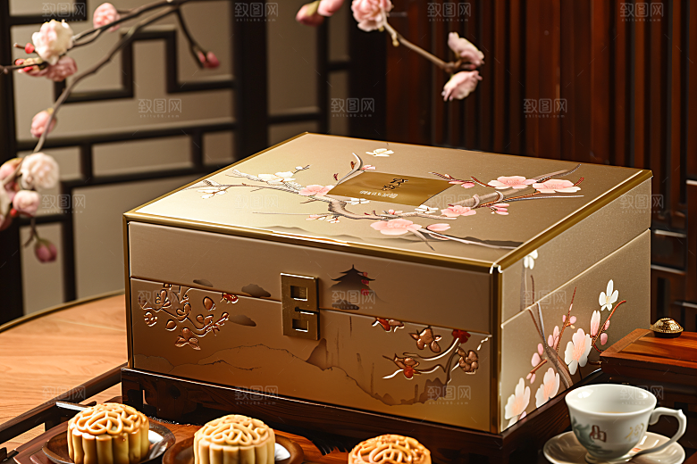中秋月饼礼盒传统节日莲蓉月饼摄影图