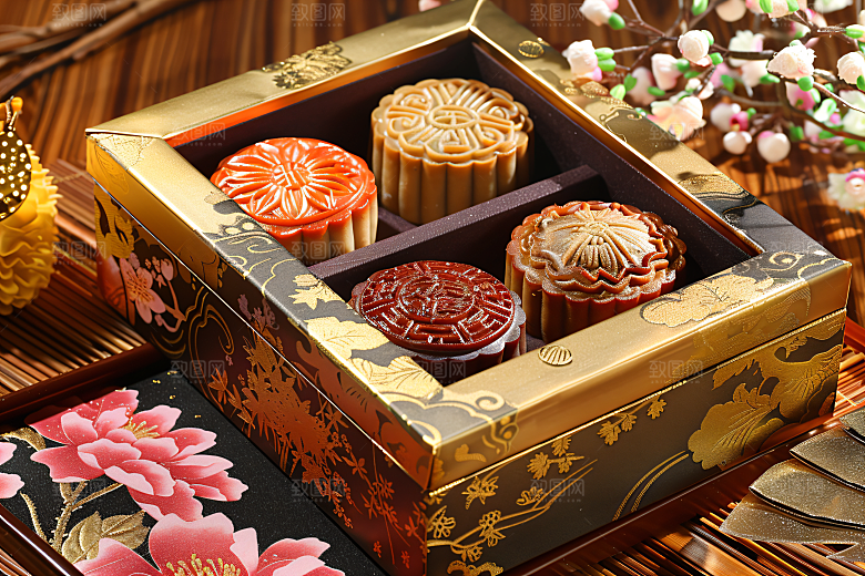 中秋月饼礼盒传统美食广式月饼摄影图