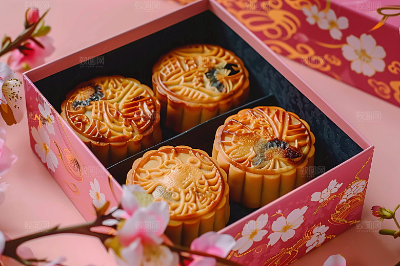 中秋月饼礼盒礼品习俗摄影图