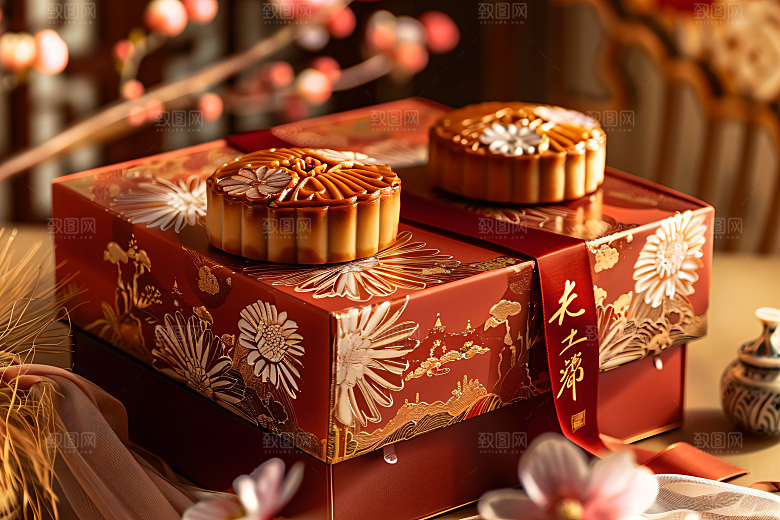 中秋月饼礼盒礼品传统美食摄影图