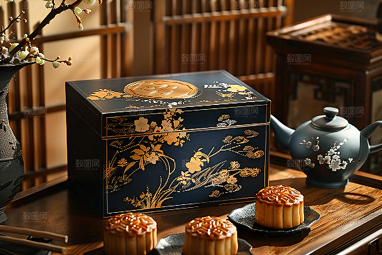 中秋月饼礼盒高清莲蓉月饼摄影图