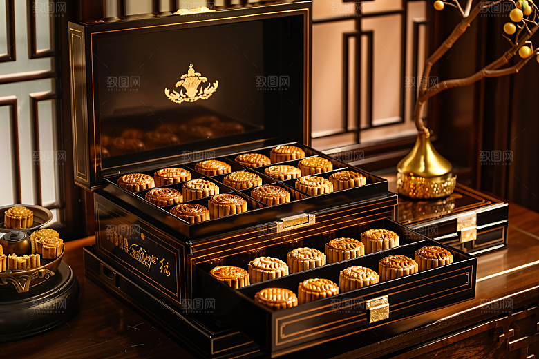 中秋月饼礼盒美味莲蓉月饼摄影图