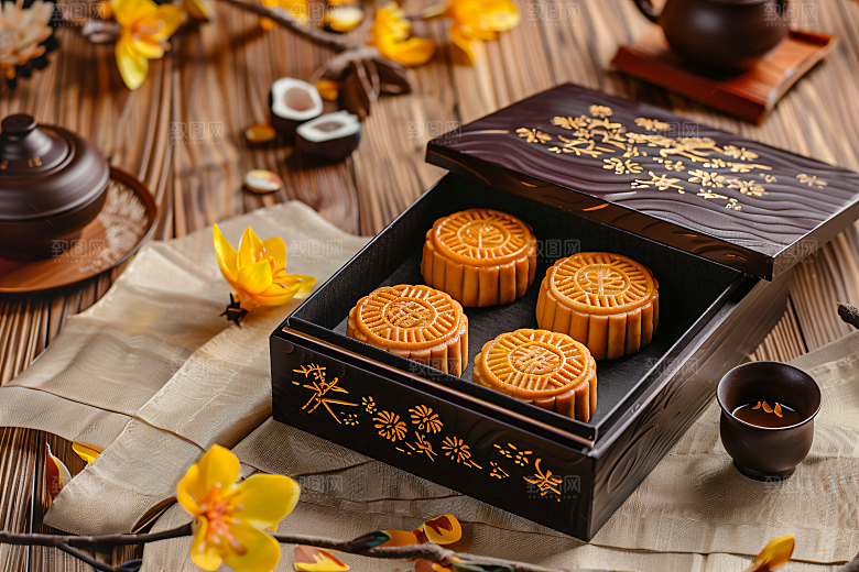 中秋月饼礼盒莲蓉月饼美食摄影图