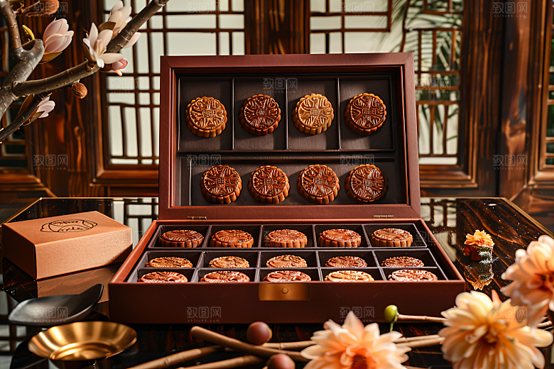 中秋月饼礼盒莲蓉月饼高清摄影图