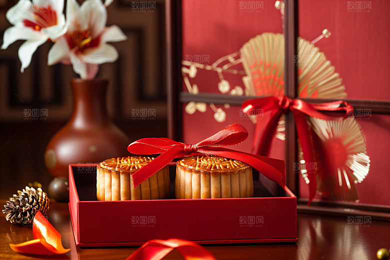 中秋月饼礼盒精致广式月饼摄影图