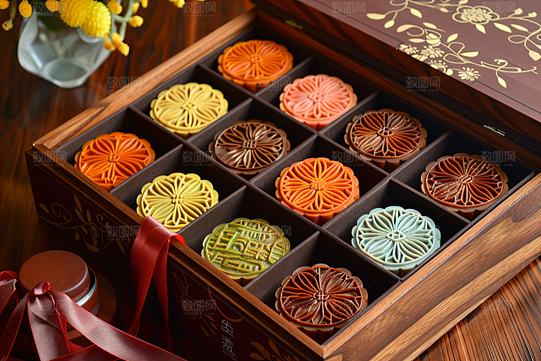 中秋月饼礼盒传统节日美味摄影图