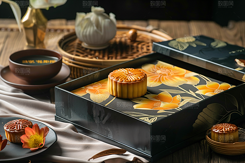中秋月饼礼盒甜点糕点摄影图