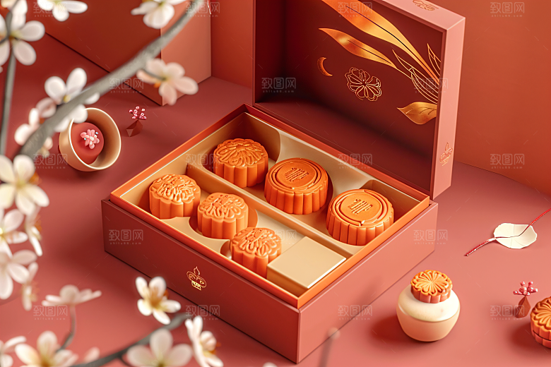 中秋月饼礼盒美食甜点摄影图