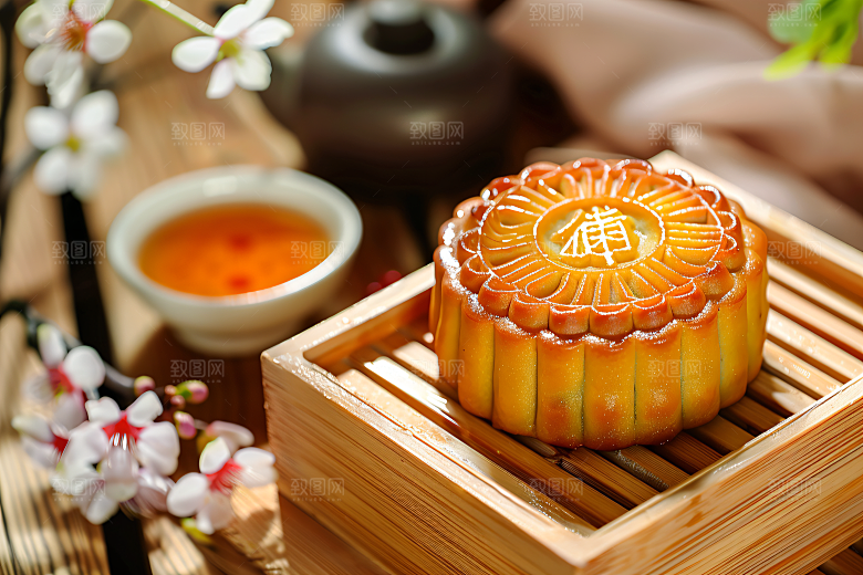 中秋月饼礼盒传统美食习俗摄影图
