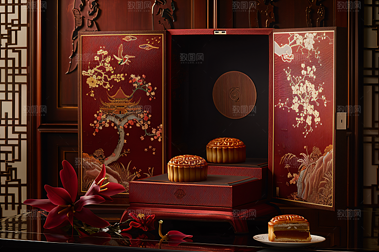 中秋月饼礼盒中秋节广式月饼摄影图
