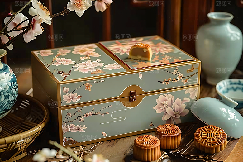 中秋月饼礼盒莲蓉月饼高清摄影图