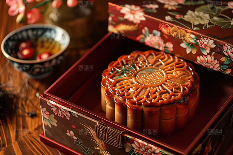 中秋月饼礼盒习俗莲蓉月饼摄影图