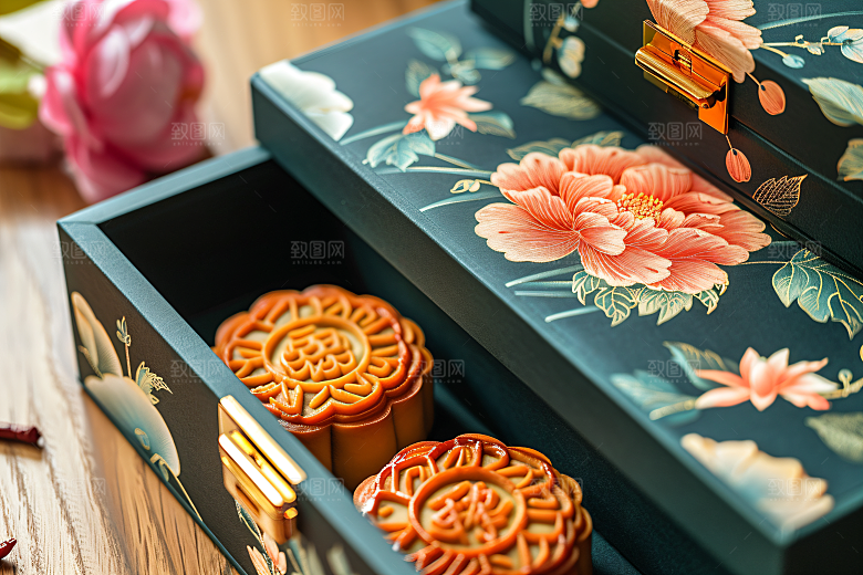 中秋月饼礼盒传统美食中秋节摄影图