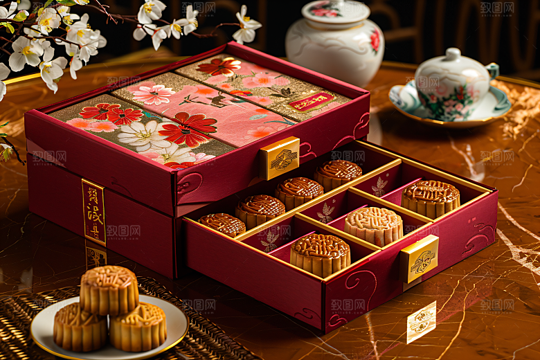 中秋月饼礼盒礼品文化摄影图