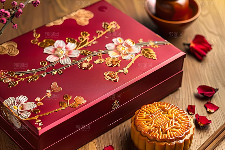 中秋月饼礼盒传统美食习俗摄影图