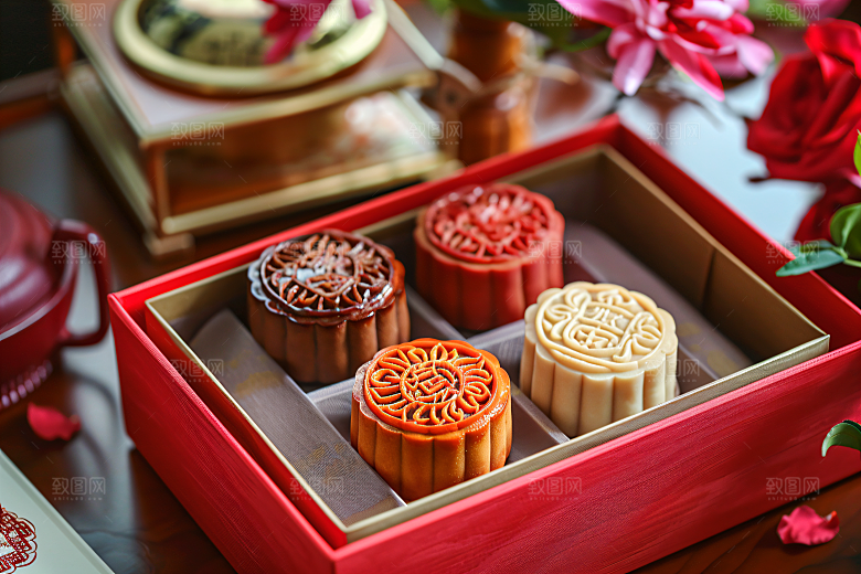 中秋月饼礼盒莲蓉月饼糕点摄影图