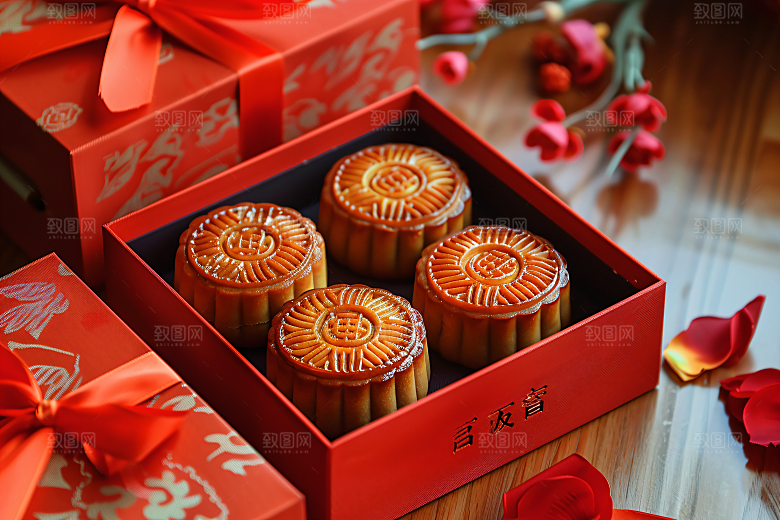 中秋月饼礼盒精致习俗摄影图