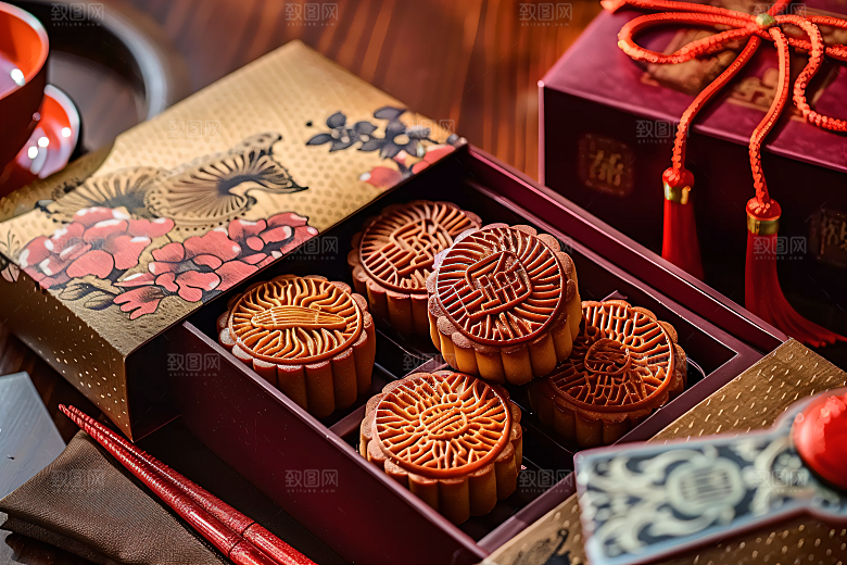 中秋月饼礼盒美食精致摄影图