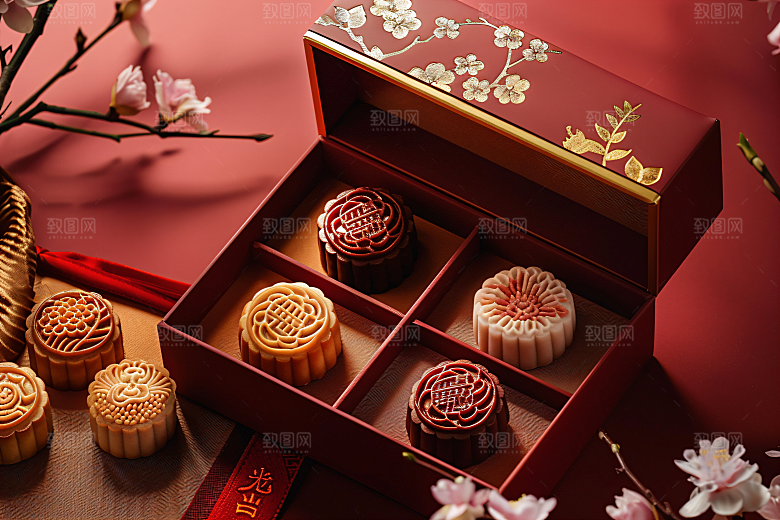 中秋月饼礼盒美味传统美食摄影图