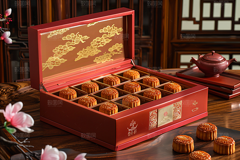 中秋月饼礼盒糕点美食摄影图