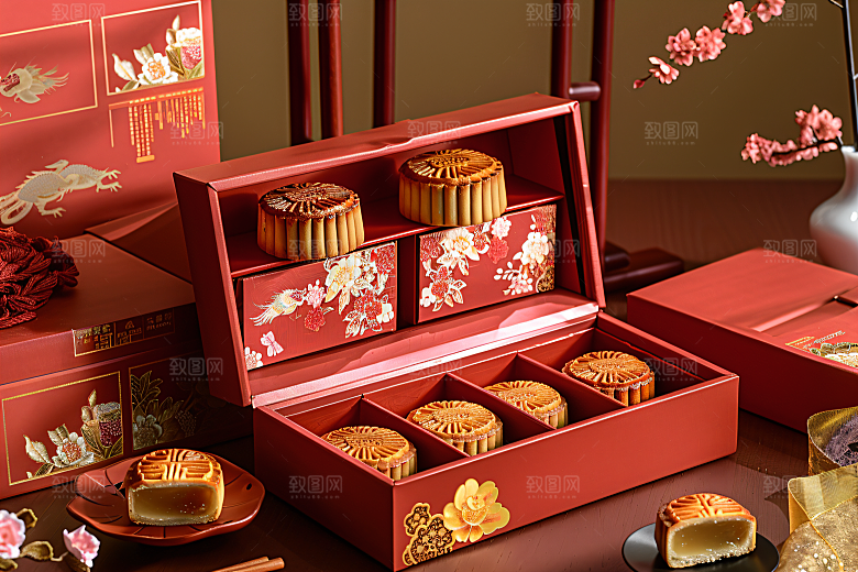 中秋月饼礼盒广式月饼精致摄影图