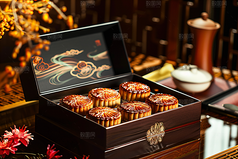 中秋月饼礼盒美食礼品摄影图