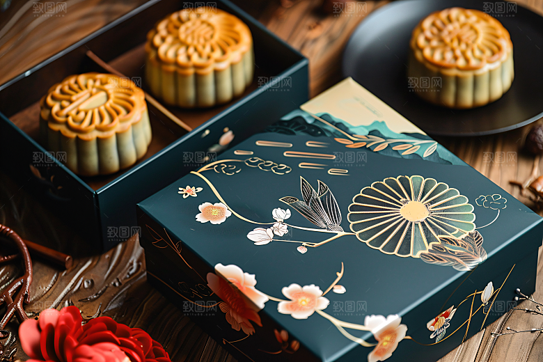 中秋月饼礼盒美味文化摄影图