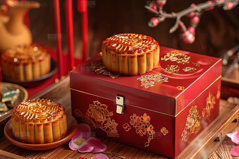 中秋月饼礼盒美味中秋节摄影图
