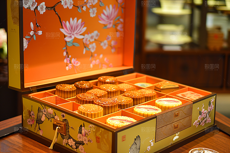 中秋月饼礼盒甜点美食摄影图