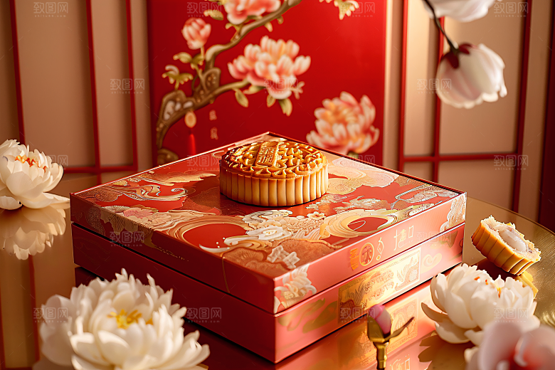 中秋月饼礼盒传统节日美食摄影图