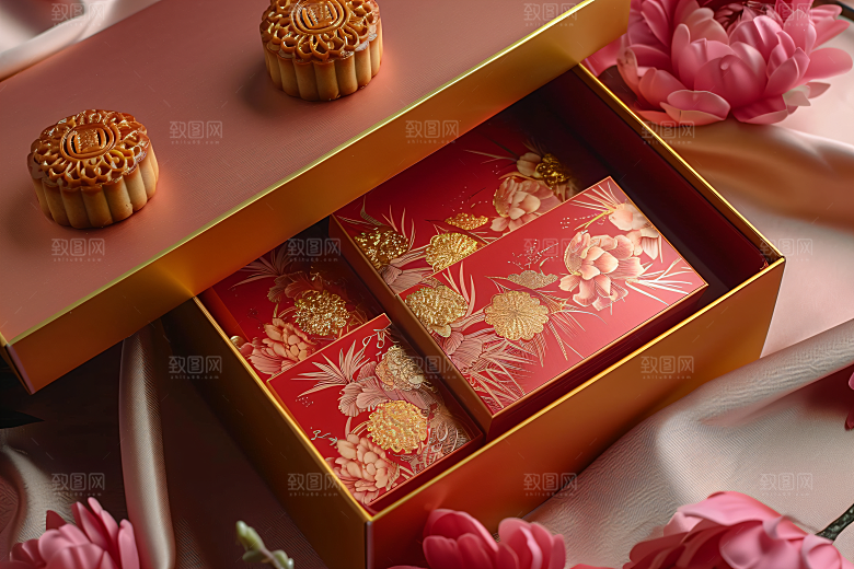 中秋月饼礼盒礼品习俗摄影图