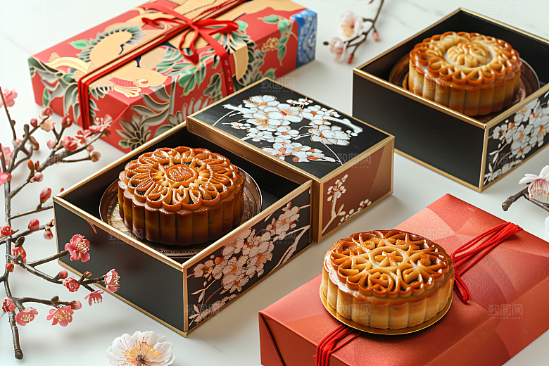 中秋月饼礼盒习俗传统美食摄影图